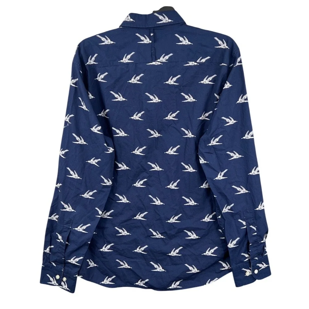 Banana Republic Shirt Mens L Navy Blue Bird Print‎ Luxe Poplin Untucked Slim Fit
